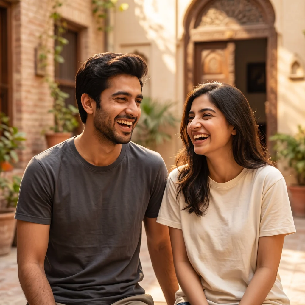 Pakistani couple laughing wearing comfortable plain cotton t-shirts from Tashan.pk