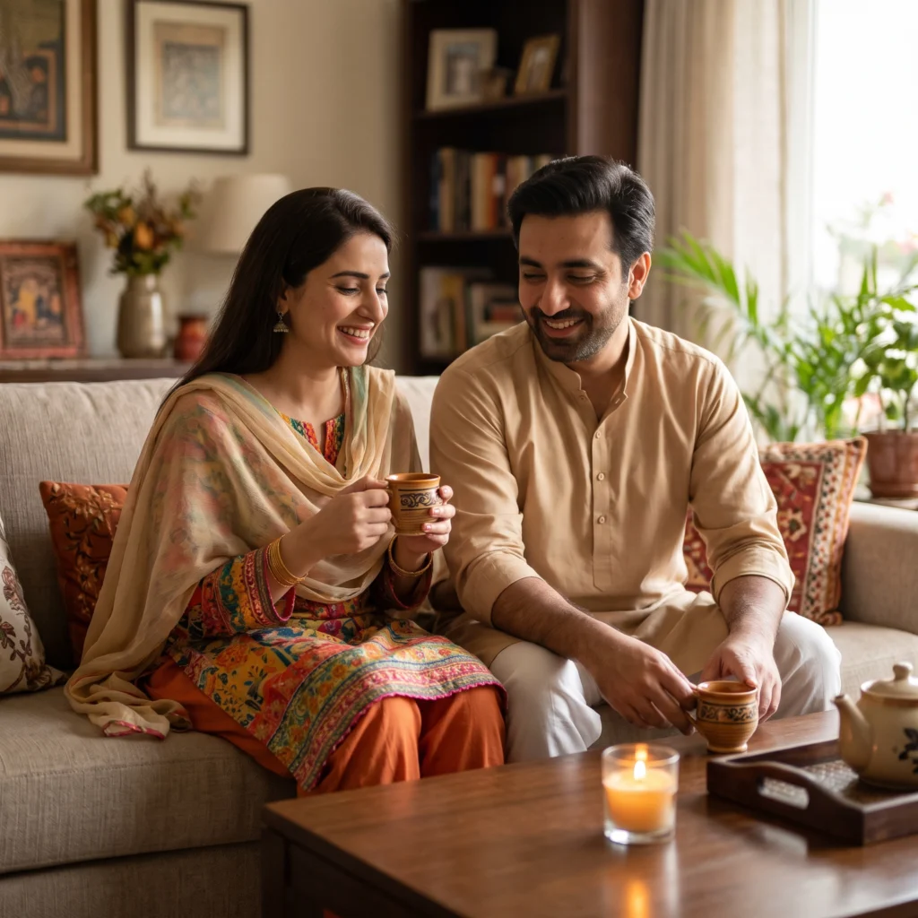 Pakistani couple enjoying tea at home representing couples essentials and gifts from Tashan.pk