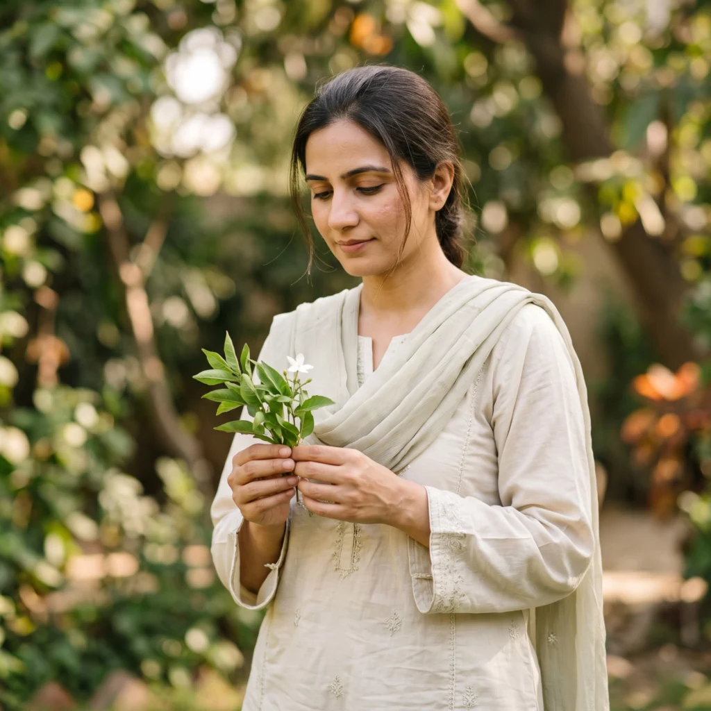 Woman holding fresh leaves and flower representing natural botanical wellness products at Tashan.pk